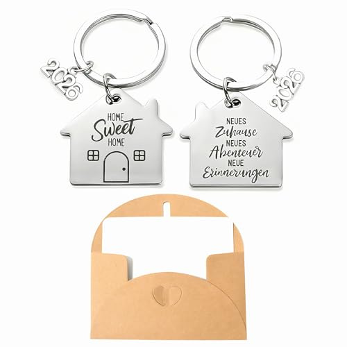 2 Stück 2026 Schlüsselanhänger Haus, Einzugsgeschenke Haus,Mit 1 Briefumschlag und Blankokarte, Neues Zuhause Neue Abenteuer Schlüsselanhänger Reichweite Abschlussgeschenke Neue Keyring Erstes Zuhause