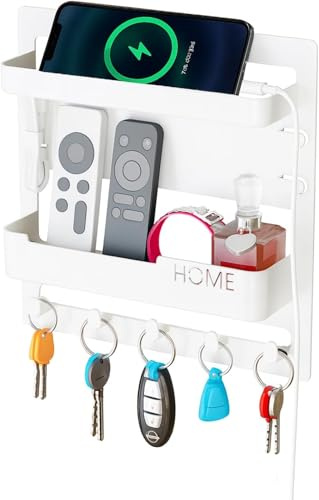 Punorric Bedside Shelf, Wall Mount Stick On Shelves with 2 Tier, 5 Hooks and 2 Cable Clips, Self-Adhesive Floating Shelves, No Drilling Wall Storage for Earphone, Remote, Bedroom Accessories (White)