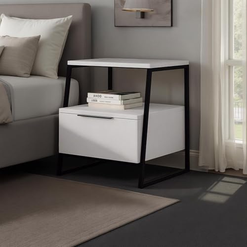 FWStyle White 1 Door Bedside Table Nightstand with Open Shelf – Modern Bedside Cabinet with Black Metal Frame & Storage Compartment – Small Night Stand for Bedrooms & Living Rooms