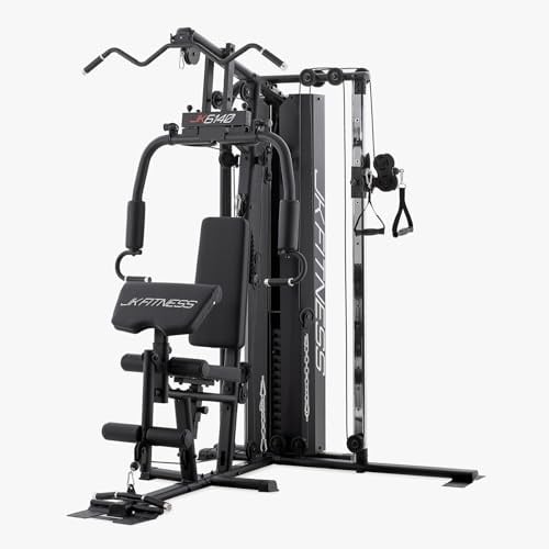 JK FITNESS [Multifunktionsstation mit doppeltem Pulley seitlich Gewichtspaket 80 kg] MultiGym Kabelmaschine Home Gym Kabel Stahl 5 mm, Seilrollen 9 cm, Sitzverstellung 3 Rückenlehne 5, JK6140