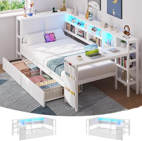 Brinlawb Canapé Lit 90x190 cm avec éclairage LED et multiprise, Cadre de Lit 90x190 cm avec Une Table et Deux Grands tiroirs, Lit Banquette Lit Enfant 90x190, Tête de Lit à Dossier Rembourré, Blanc