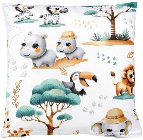 TupTam Kinder Kissenhülle Kissenbezug Dekorativ Gemustert Kinderzimmer, Farbe: Dschungeltiere Weiß/Grün/Beige, Größe: 40 x 40 cm