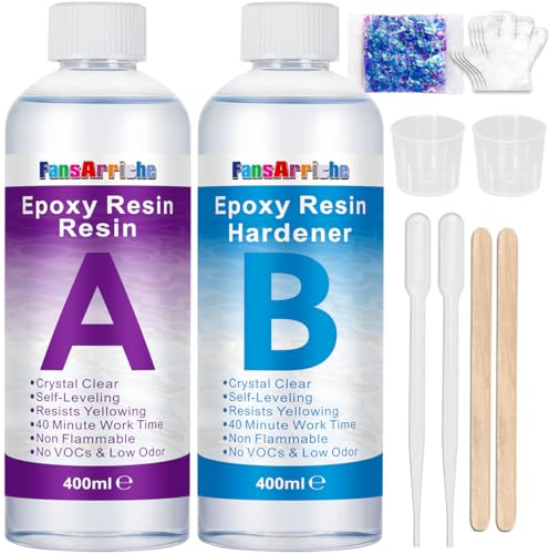 FansArriche Epoxidharz – 800 ml/850 g kristallklares Epoxidharz zum Gießen und Beschichten – einfache Mischung im Verhältnis 1:1, transparentes 2-teiliges Harz für Tischplatten, Trinkgläser, Schmuckhe