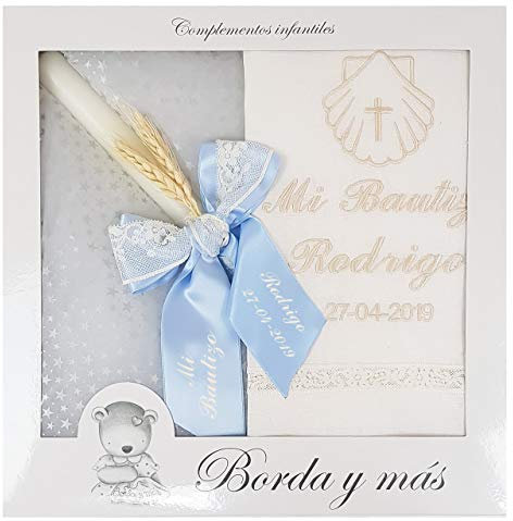 Kit de vela y pañuelo personalizado para bautizo – Pack de vela decorada para Bautizo y Paño bordado con nombre y fecha del Bautismo - Modelo París (Celeste)