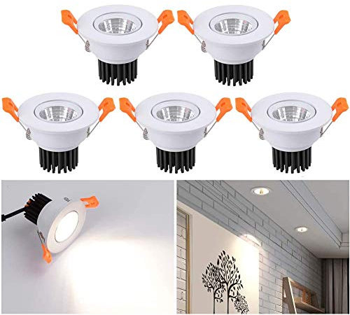 INHDBOX 5er Mini Klein LED Einbaustrahler,3W Warmweiß LED Deckeneinbaustrahler Schwenkbar COB Aluminium LED Deckenspots für Weinschrank/Schrank/Küche/Wohnzimmer