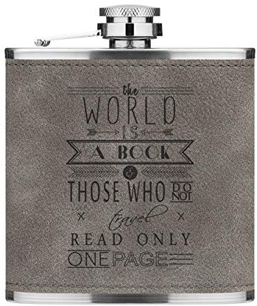 Die Welt Ist ein Buch Zitat 6oz Pu-Leder Flachmann Grau Luxe