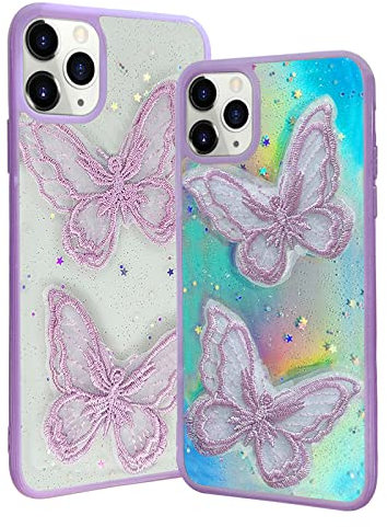 Pepmune Compatible with iPhone 12 Pro Max Phone Case for Girls Women Cute Glitter Lace Butterfly Cases with Sparkle Stars Clear Purple Cover for iPhone 12 Pro Max