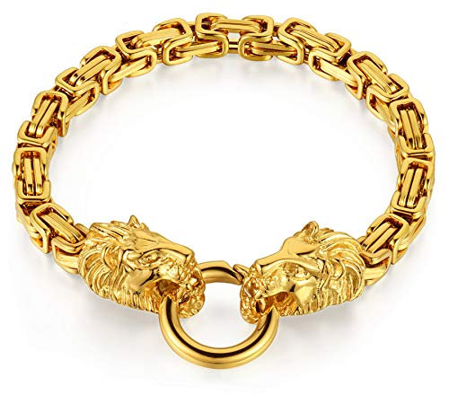 Flongo Herren Armband Männer Königskette Armreif Armkette Löwenkopf Fahrradkette Motorradkette Gold Biker Herren-Accessoires