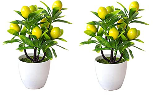 YQYAZL 2 x künstliche Topfpflanzen, Mini-Zitronenbaum, künstliche grüne Topfpflanzen, Ornamente, Topfpflanzen, künstliche Früchte für Zuhause, Hochzeit, Party, Büro, Dekoration