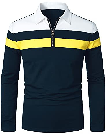 HOOD CREW Mens Casual Long Sleeve Polo Shirts Contrast Color Patchwork Cotton Tee Tops Navy
