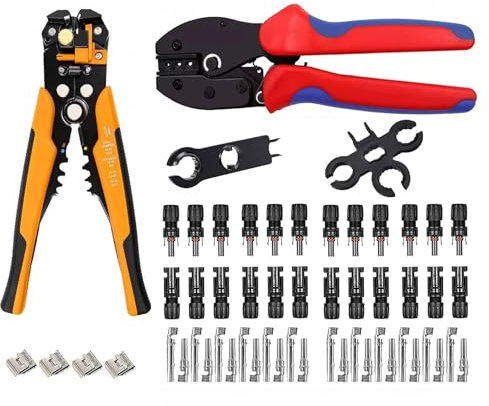 QeeHeng Strumenti di crimpatura solare kit di attrezzi di crimpatura, 1 piegatore, 1 spelafili autoregolante da 8 pollici, 12 paia di connettori per pannello solare