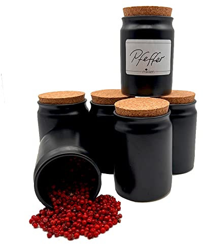 mikken 6x Gewürzglas mit Korken schwarz rund 200 ml Gewürzdose aus Keramik Steinzeug mit Etiketten