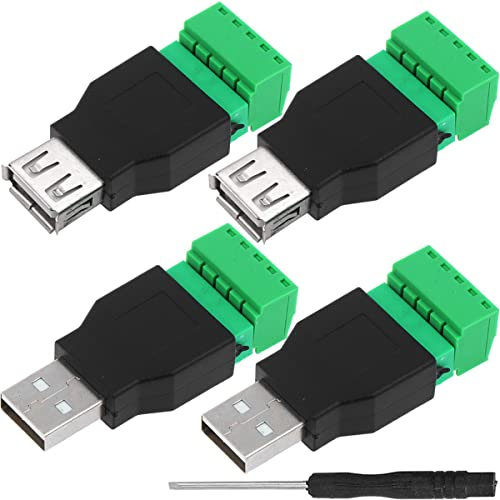 Xiatiaosann USB Type A Connector Screw Terminal Solderless 5 Way/Pin Block Adapter, USB 2.0 Repair Kit Male Female to Shield Terminals Pluggable Type Converter for USB Cable, 4 PCS