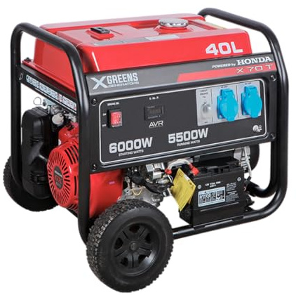 XGREENS Generador de corriente (gasolina) X70T (máx. 6.000 W, depósito 40 l, AVR, Powered by Honda, ruedas, alerta aceite, trifásico, 2 tomas 230 V, protección térmica y panel digital)
