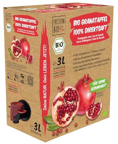 Bio Granatapfelsaft, 3 Liter, naturtrüb – 100% Bio Granatapfel Direktsaft aus 40 Granatäpfeln – fruchtig, erfrischender Geschmack – kein zugesetzter Zucker (lt. Gesetz) enthält von Natur aus Zucker
