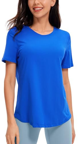 CRZ YOGA Damen Sport Kurzarm Top Sommer Leichte Yoga T-Shirt Crew Neck Atmungsaktiv Fitness Oberteile Starkes Blau 40