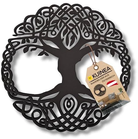 KUINEA® Keltischer Baum des Lebens Ø42cm – Rundes Wandbild aus Holz [Anthrazit] für Wohnzimmer, Schlafzimmer & Büro | Schwarzes MDF-Motiv in stilvollem Design