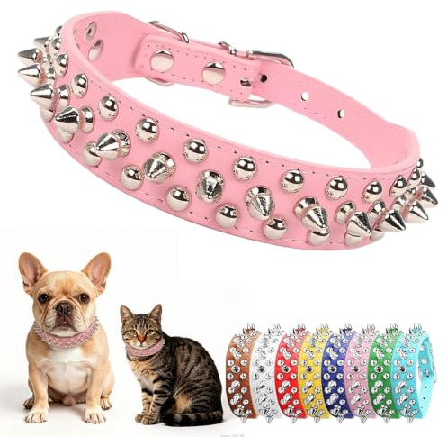 Hundehalsband, Nieten, Leder, Nieten, Welpenhalsband, Spike, verstellbar, Hunde Halsband für kleine, mittelgroße und große Hunde, Rosa, XXS
