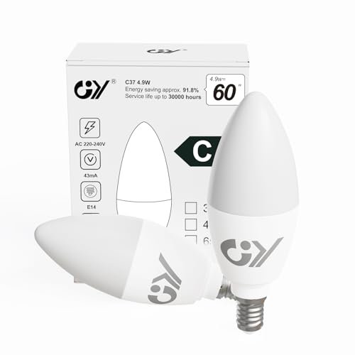 GY E14 LED Warmweiss Lampe 4.9W 3000K 807 Lumen Warmweiß Leuchtmittel,C37 Kerze Energiesparlampe 60W Halogenlampe ersetzt,Nicht Dimmbar LED Birnen,2 stück [Energieeffizienzklasse C]