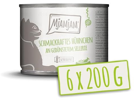 MjAMjAM – Premium Nassfutter für Katzen - schmackhaftes Hühnchen an gedünstetem Sellerie 200g, 6er Pack (6 x 200g), naturbelassen mit extra viel Fleisch