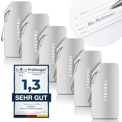 Travely Premium Kofferanhänger - leicht Erkennbar, Robust & Sicher - inkl. Namensschild und Privatsphäre Schutz I Vielseitig und Praktische Adressanhänger, Namensanhänger & Gepäckanhänger