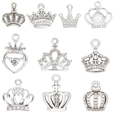 SUNNYCLUE 60 Stück 10 Stile Krone Charms Prinzessin Krone Charm Silber König Strass Zirkonia Königin Hohlkristall Kronen Charms Für Schmuckherstellung Charms Ohrringe Halskette Armbänder DIY Handwerk