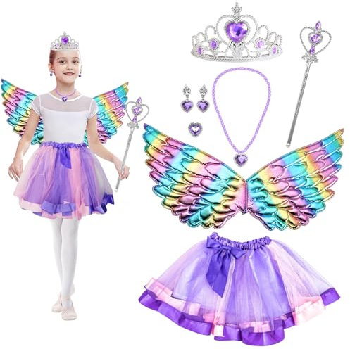 Kostüm Prinzessin Set,8 Stück Kostüm Kinder Mädchen,mit Prinzessin Krone Flügel Zauberstab Tüllrock Ringe Ohrring,Geschenk für Mädchen 3-9 Jahre Karneval/Cosplay/Halloween/Kindergeburtstag Party