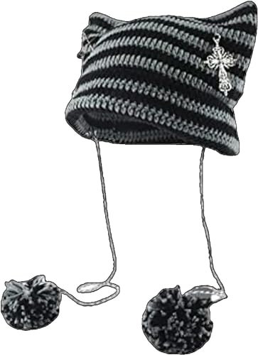 Cat Beanie für Frauen Mädchen Y2K Katzenohren Strickmütze Gestreift Slouchy Pom Pom Grunge Cross Vintage Punk Zubehör, Schwarz Grau, Einheitsgr��e