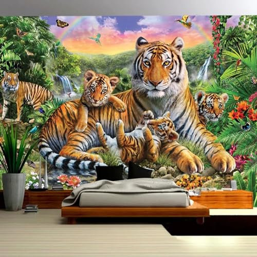 KoKoty Papier Peint Soie Panoramique Famille de tigres d'animaux de la forêt-400 x 200 cm-Personnalisé 3D Poster Geant Mural fond décoration murale papier peint