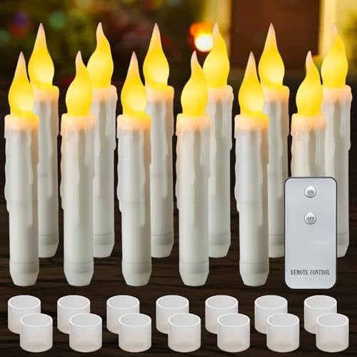 Yakpo 12 Pack LED Taper Candles Battery Operated with Remote, Flameless Flickering Halloween Floating Light Bulk for Chandelier Holder Christmas Party Decorations