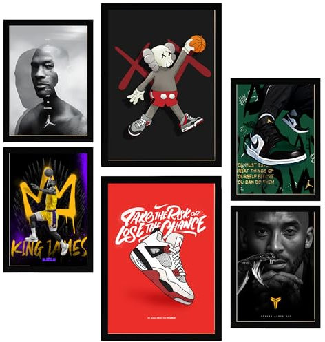 Nacnic 6er-Set Ikonischer Basketball-König James Jordan Nike Gerahmtes Poster mit Design-Illustrationen zur Dekoration der Wände Ihres Zuhause Zimmer Büro Laden Malerei A3 & A4 Schwarzer Rahmen