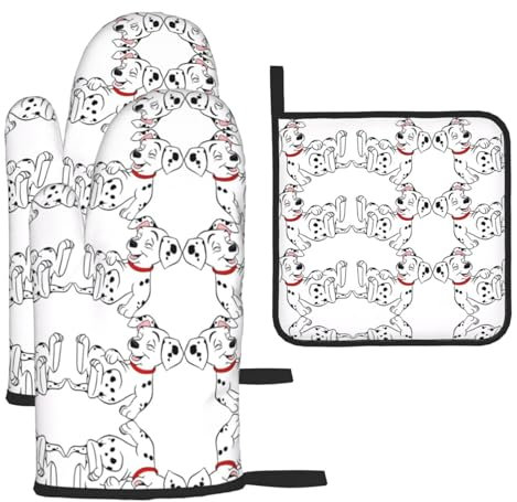 Simpatici guanti da forno dalmata e presine, guanti e supporti per barbecue (set da 3 pezzi)