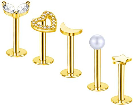 Gojewen 5stk Lippenpiercing Steckers 10mm Gold Piercing Helix Lippe Monroe Piercing Stud Chirurgenstahl Herz Mond