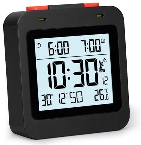 VINILITE Reloj Despertador Digital Radiocontrolado con Temperatura, Reloj Digital Sobremesa, Reloj de Viaje a Pilas, Negro