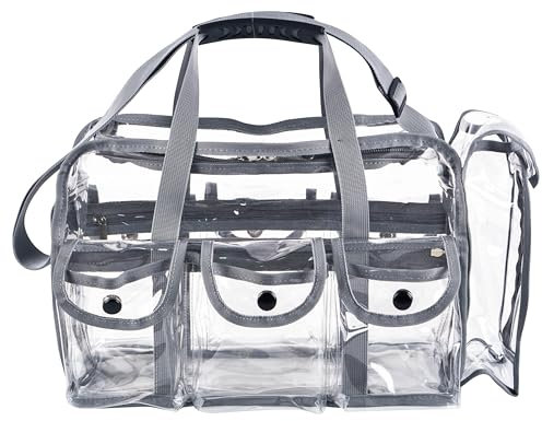 Wide Mouth Large Professional Clear PVC Travel Makeup Artist Set Bag Cosmetic Nails Beauty Bag Transparent Vinyl Tool Organizer Work Bag Beach Bag Diaper Bag with 6 External Pockets & Strap, Grey,