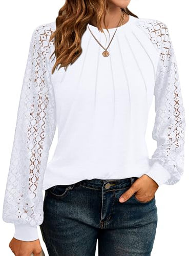 WNEEDU Camicetta da Donna Top in Pizzo Elegante A Maniche Lunghe Camicetta Primavera E Autunno Casual Tops