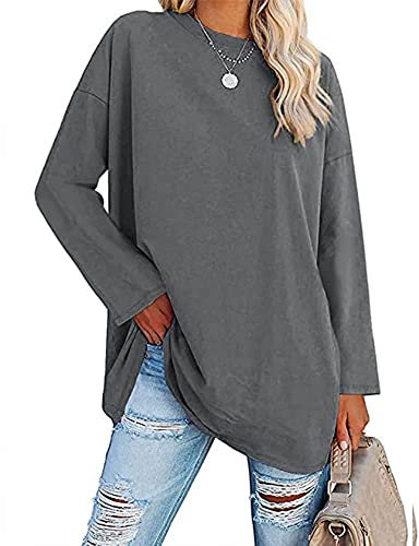 Famulily Women's Comfy Tunic T Shirt Loose Fitted Long Sleeve Tee Shirts Ladies Elegant O Neck Tops (XL, Dark Grey)