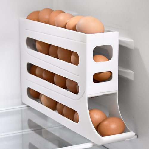 Qcdou Eier Aufbewahrung Kühlschrank, Eierhalter für 30 Eier, Eierbehälter für Kühlschrank, Stapelbarer Eier Organizer, 4-Tier Automatisches Rollen Aufbewahrung Kühlschrank Organizer(Weiß)