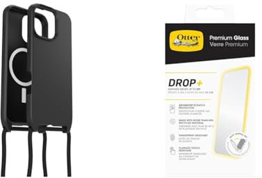 OtterBox Bundle React Series Necklace MagSafe Case for iPhone 16 Pro Max, Ultra-Slim, Protective Case with Adjustable and Detachable Necklace Strap, Black & Premium Glass Screen Protector