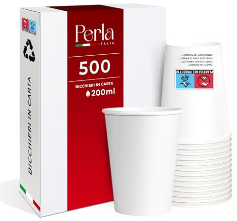 Perla - 500 Bicchieri Monouso di Carta da 200 ml - Bicchiere Biodegradabile Ecologico Bianco - Adatto per Bevande Fredde e Calde - Bicchieri per Acqua usa e getta