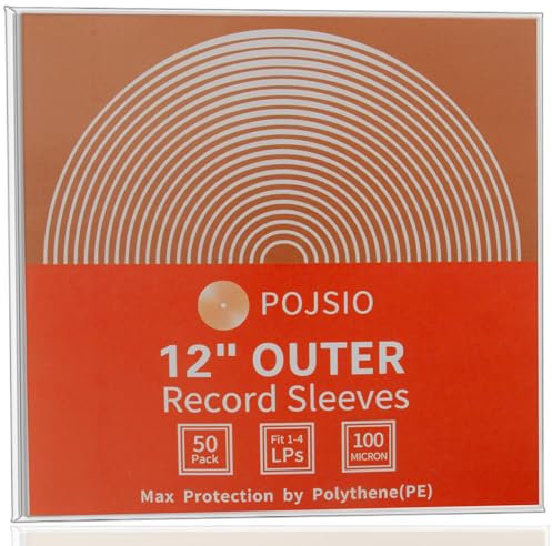 POJSIO 12 Inch Vinyl Record Sleeves Outer,50 x Vinyl Sleeve Record Sleeves 12 Inch Fit 1-4 Gatefold LP Albums |4 Mils Thick| |UV Resistant| High-Density Polythene Plastic Vinyl Protective Album Cover
