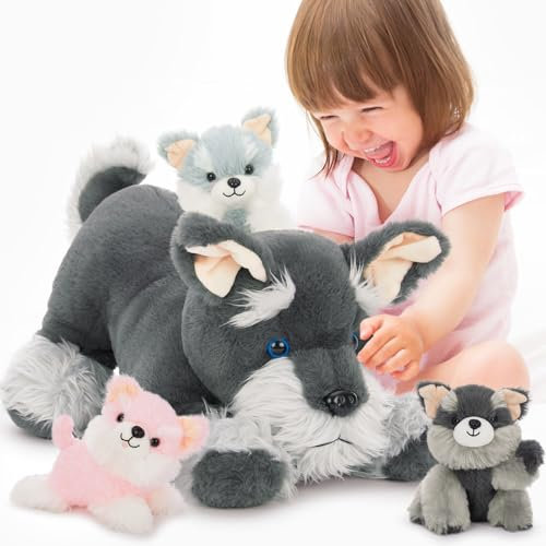 MorisMos 4 stücke Hund Kuscheltier XXL Set, 50cm lang riesen Schnauzer Hund Kuscheltier mit 3 Babys im Bauch, groß plüschhund stofftier Spielzeug Geschenk Kinder Baby
