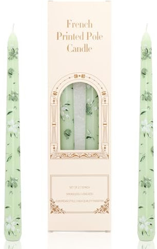 Stabkerzen Bedruckt, 25cm Tafelkerzen konische Kerzen, Tropffrei Brenndauer 7 Stunden Kerzen Geeignet für Kerzenständer Tischdekoration Nachmittagstee Dekoration 2 Stück (Hellgrün Weiße Blumen)