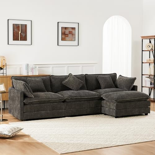 Merax Ecksofa 3-Sitzer Sofa mit Polsterhocker, Modernes Polstersofa mit Verdicktes Doppellagiges Kissen, Couch in L Form, Convertible Stoffsofa, Polstermöbel für Wohnzimmer, Schlafzimmer, Dunkelgrau