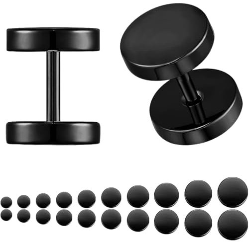 JEYORZY 10 Paires Boucles d'Oreilles pour Homme, Acier Inoxydable Hypoallergénique Faux Plug, 3mm-12mm Haltère Barbell Boucles d'Oreilles Ensemble, Boucles d'Oreilles à Vis Rondes, pour Unisexe, Noir
