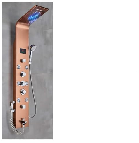HPHPH Luxe Noir/brossé Salle de Bain Douche Robinet LED Pluie Panneau de Douche système Baignoire mitigeur Massage Spa température écran(Rose Gold A)
