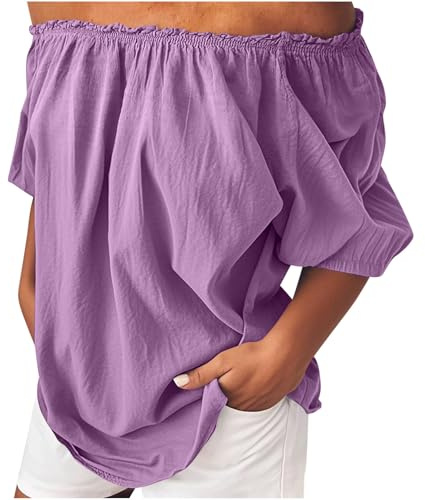 NSICBMNO Off The Shoulder Tops for Women Short Sleeve Blouses Plus Size Cotton Linen Casual Oversized Tunic Top Baggy T Shirts Ruched Summer Tops Loose Blouses for Going Out Y2K Holiday Beach
