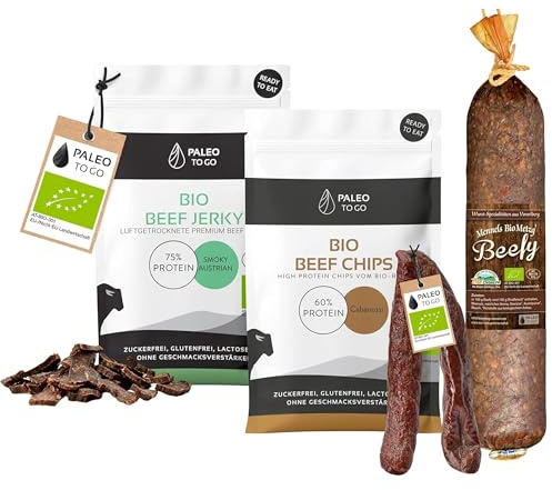 PALEO TO GO Geschenkset – 100% BIO Fleischsnacks – Beef Jerky, Beef Chips, Beefy Salami & Kaminwurzen – High Protein Snackbox – Low Carb Eiweißsnack – Ohne Zucker & Konservierungsstoffe
