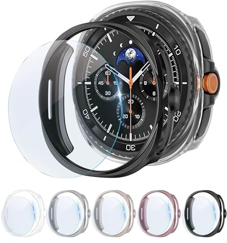 5+5 Stück Hart PC Schutzhülle+Schutzfolie für Samsung Galaxy Watch | Rundum Hard PC Case Kratzfest Gehäuse HD Gehärtetes Glas Displayschutz für Samsung Watch 8 Schutz Hülle 46mm Damen Herren