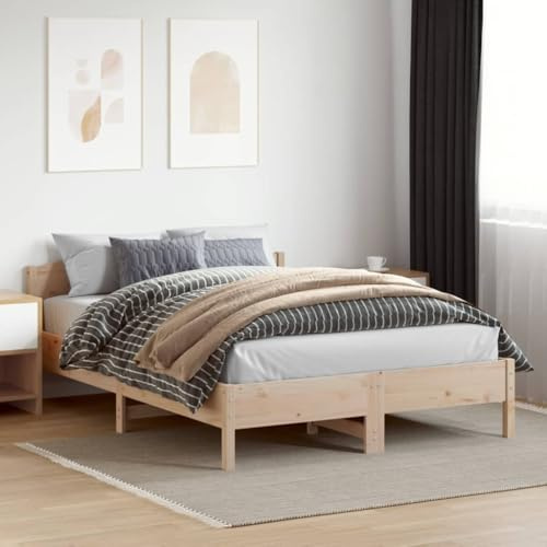 HaoChrymec Massivholzbett aus Kiefernholz, Stabiler Rahmen, Schlichtes Design, Hohe Rückenstütze, polsterbett, doppelbett, Für Schlafzimmer, 160x200 cm